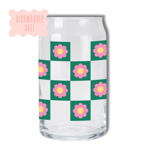 Oak Shore Collective LLC - Pink Checkered | Libbey Glass Beer Can Iced Coffee Glass The Secret Garden Bookery