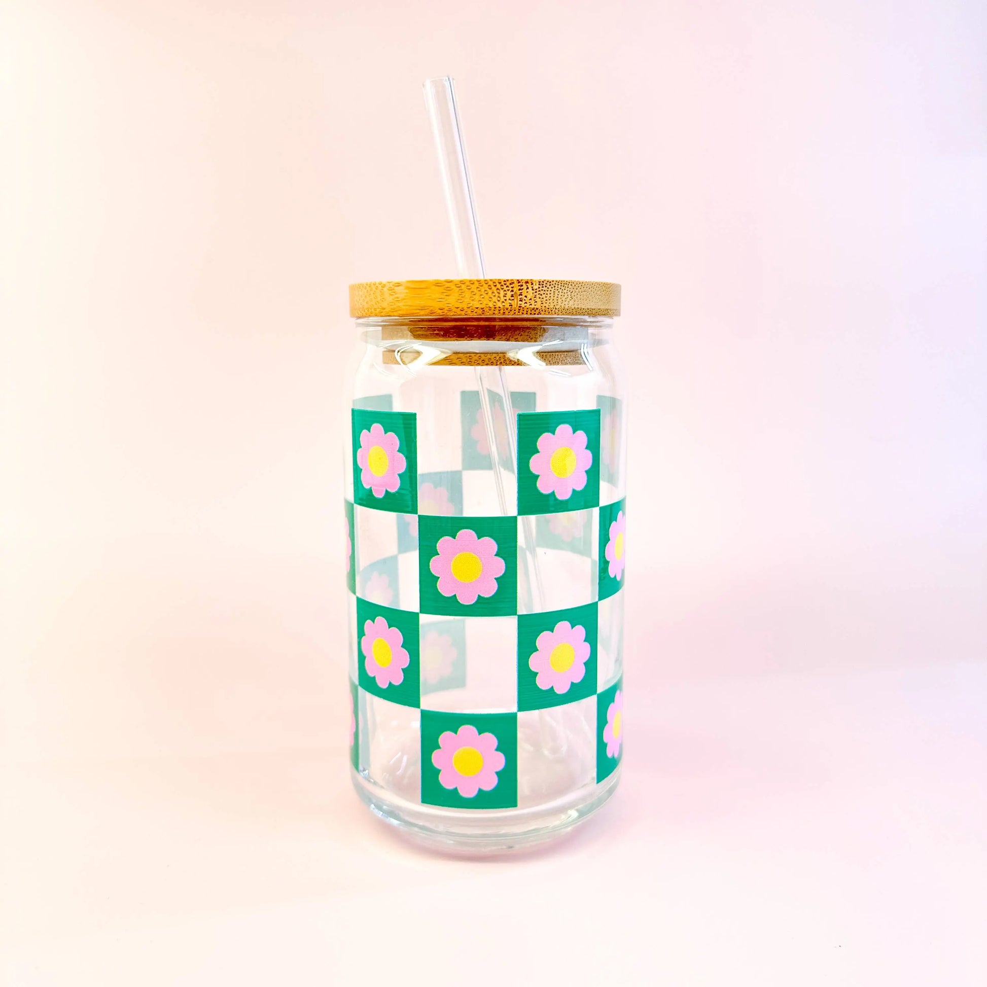 Oak Shore Collective LLC - Pink Checkered | Libbey Glass Beer Can Iced Coffee Glass The Secret Garden Bookery