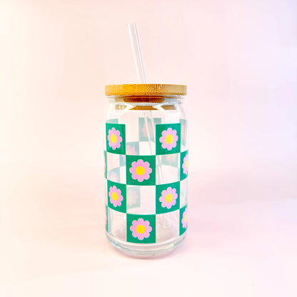 Oak Shore Collective LLC - Pink Checkered | Libbey Glass Beer Can Iced Coffee Glass The Secret Garden Bookery