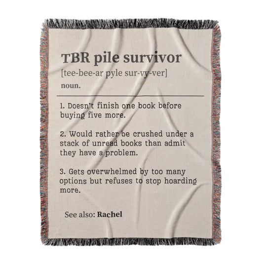 Personalized TBR Pile Survivor Woven Blanket – A Cozy Tribute to Book Hoarders Offbeat Opulence