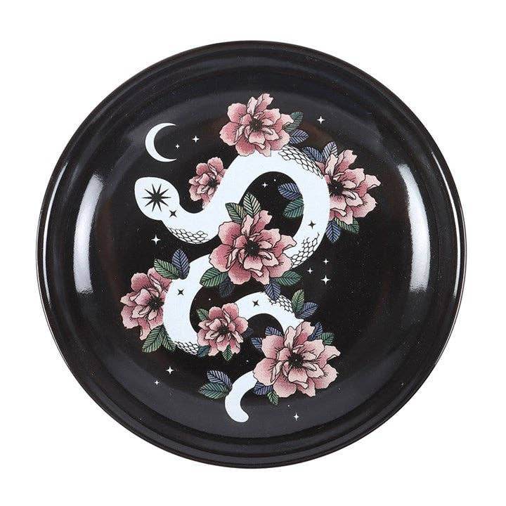 Snake & Flower Celestial Trinket Dish - Mystical White Serpent & Pink Flower Jewelry Holder, Gothic Home Decor & Witchy Accessories Water Moon Shop