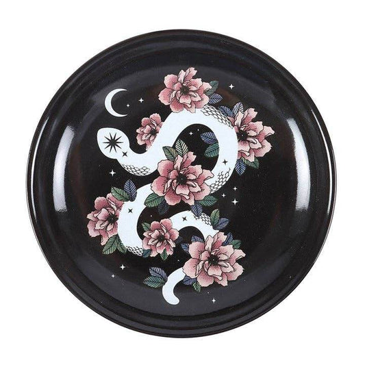Snake & Flower Celestial Trinket Dish - Mystical White Serpent & Pink Flower Jewelry Holder, Gothic Home Decor & Witchy Accessories Water Moon Shop