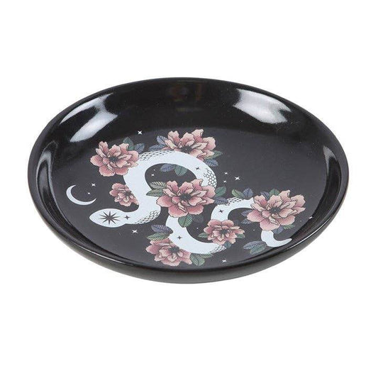 Snake & Flower Celestial Trinket Dish - Mystical White Serpent & Pink Flower Jewelry Holder, Gothic Home Decor & Witchy Accessories Water Moon Shop