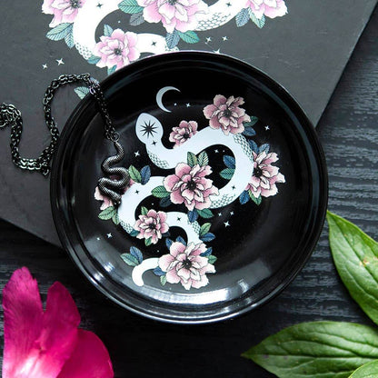 Snake & Flower Celestial Trinket Dish - Mystical White Serpent & Pink Flower Jewelry Holder, Gothic Home Decor & Witchy Accessories Water Moon Shop