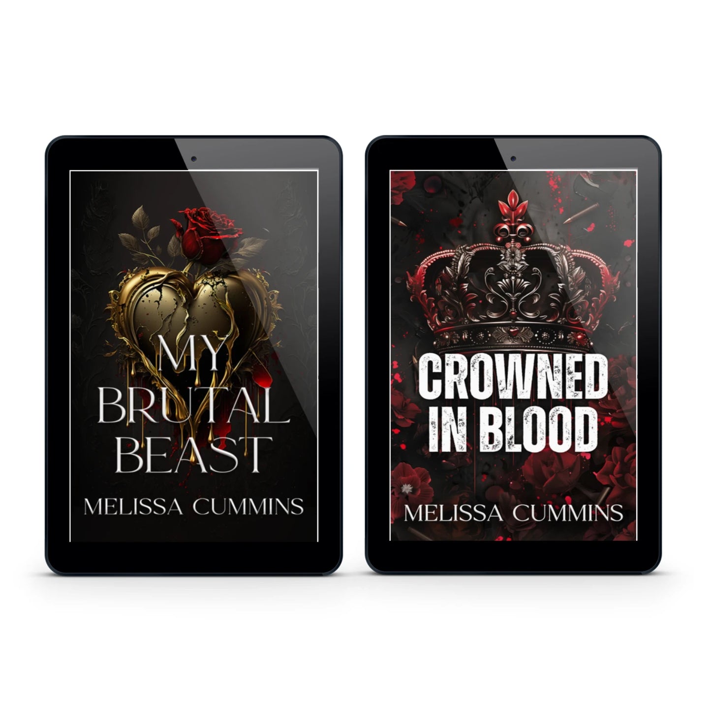Two tablet screens displaying book covers by Melissa Cummins with dark and dramatic designs.