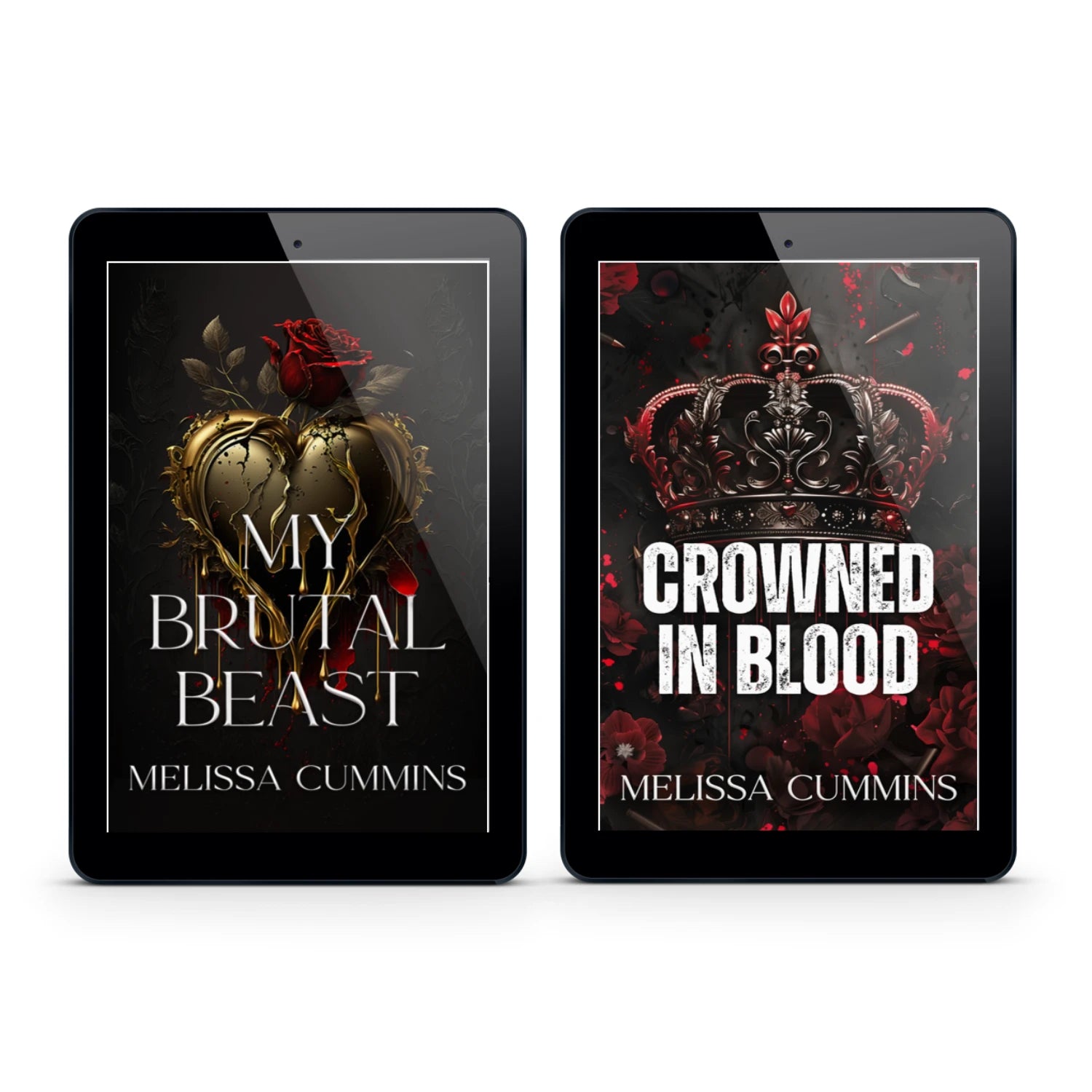 Two tablet screens displaying book covers by Melissa Cummins with dark and dramatic designs.