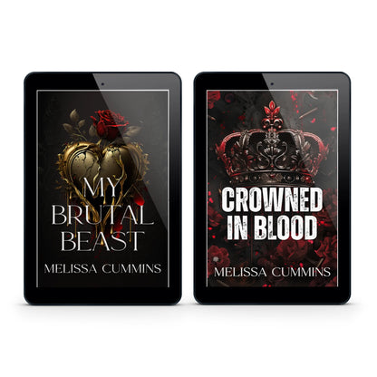 Two tablet screens displaying book covers by Melissa Cummins with dark and dramatic designs.