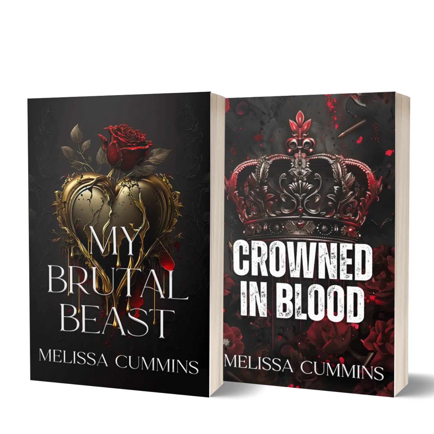 Two book covers titled 'My Brutal Beast' and 'Crowned in Blood' by Melissa Cummins on a white background.