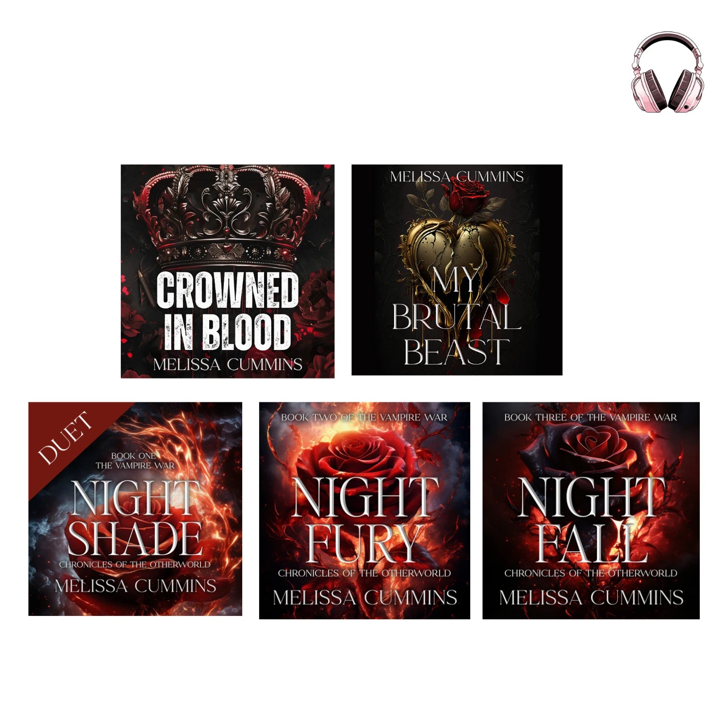 Collection of book covers by Melissa Cummins with a headphone icon on a white background