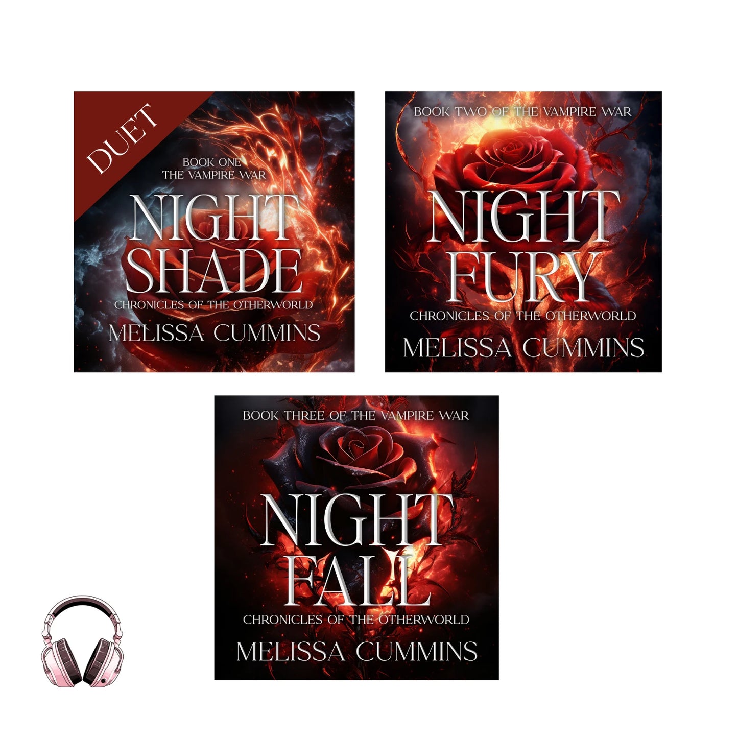Three book covers of 'Night Shade', 'Night Fury', and 'Night Fall' by Melissa Cummins with a headphone icon.