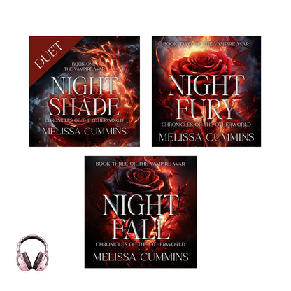 Three book covers of 'Night Shade', 'Night Fury', and 'Night Fall' by Melissa Cummins with a headphone icon.