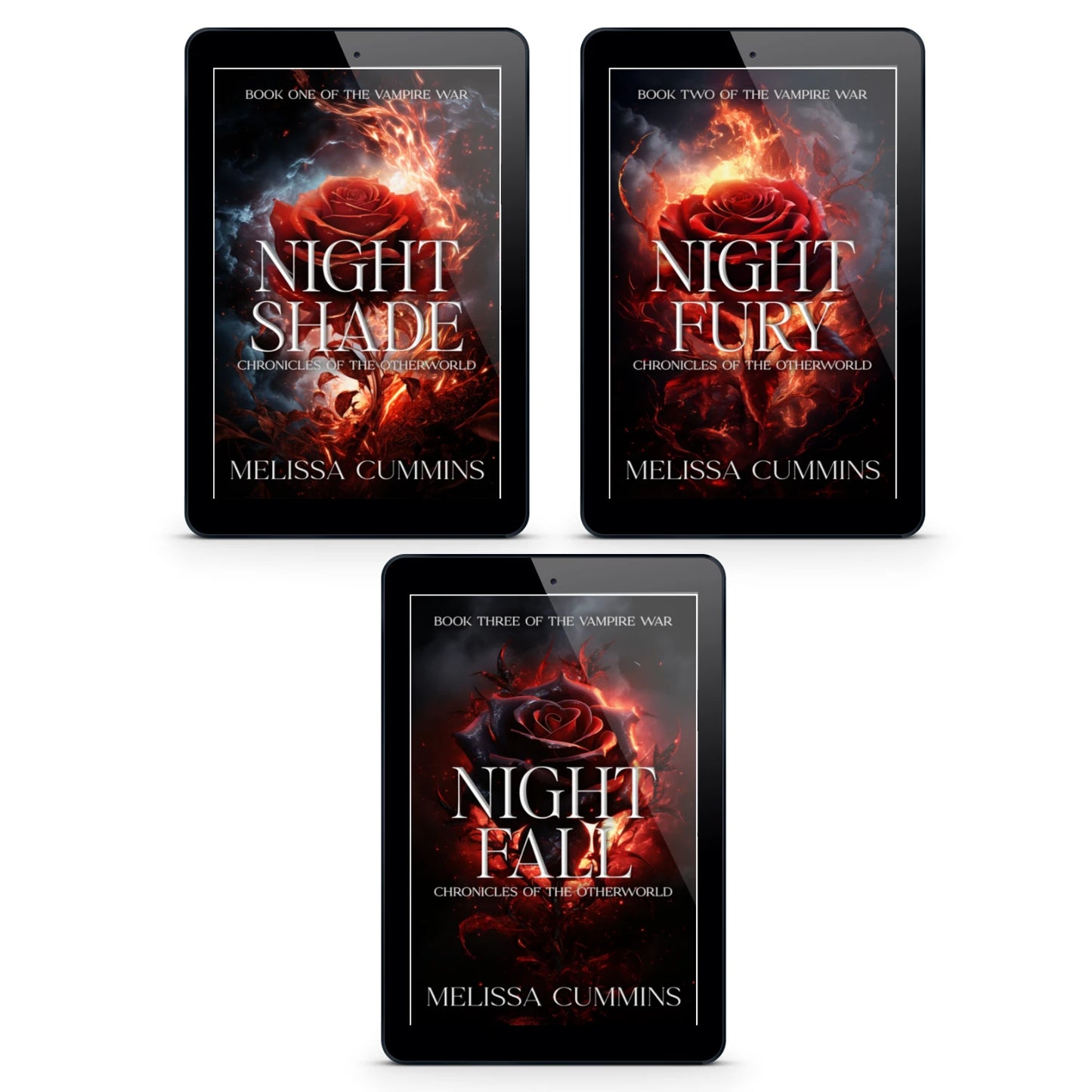 Three tablets displaying book covers of 'Night Shade', 'Night Fury', and 'Night Fall' by Melissa Cummins on a white background.