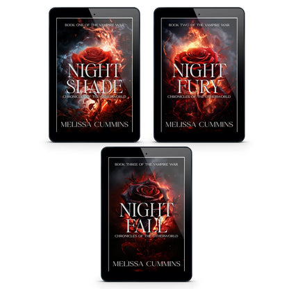Three tablets displaying book covers of 'Night Shade', 'Night Fury', and 'Night Fall' by Melissa Cummins on a white background.