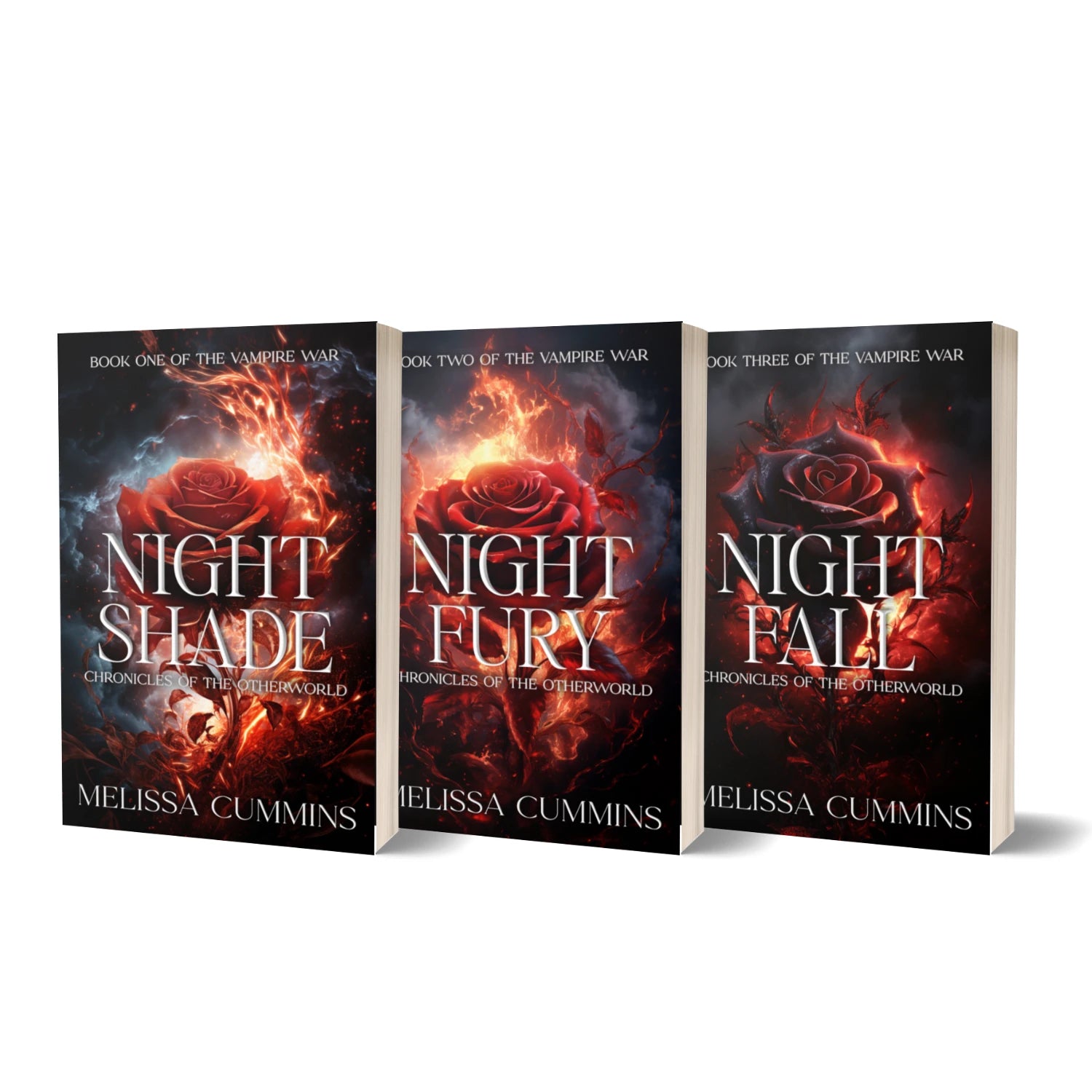 Three books titled 'Night Shade', 'Night Fury', and 'Night Fall' by Melissa Cummins on a white background.