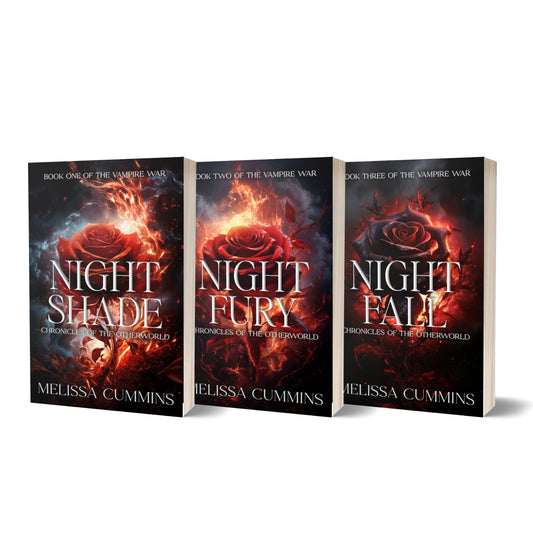 Three books titled 'Night Shade', 'Night Fury', and 'Night Fall' by Melissa Cummins on a white background.