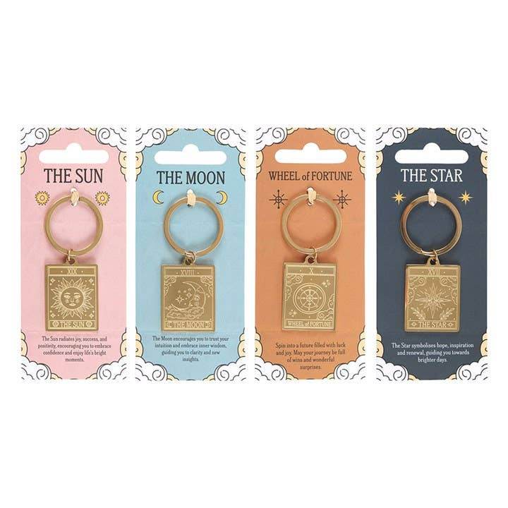 Vintage Tarot Card Keyrings, Sun, Moon, Wheel of Fortune, Star Water Moon Shop