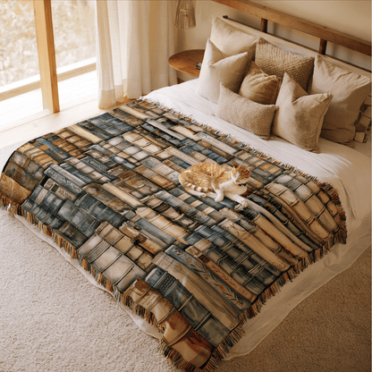 Bookshelf of Delusion & Denial Woven Throw Blanket Offbeat Opulence