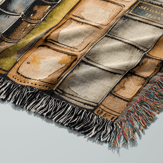 Bookshelf of Delusion & Denial Woven Throw Blanket Offbeat Opulence