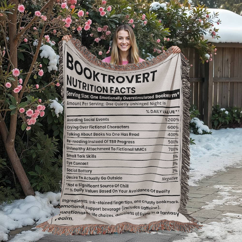 Booktrovert Nutrition Facts Woven Blanket – Quietly Unhinged & Cozy