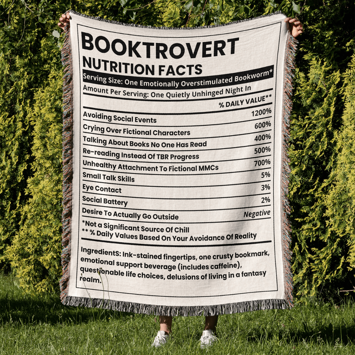 Booktrovert Nutrition Facts Woven Blanket – Quietly Unhinged & Cozy