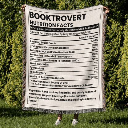Booktrovert Nutrition Facts Woven Blanket – Quietly Unhinged & Cozy