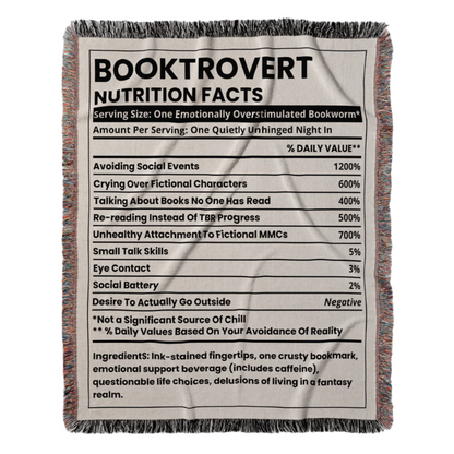 Booktrovert Nutrition Facts Woven Blanket – Quietly Unhinged & Cozy