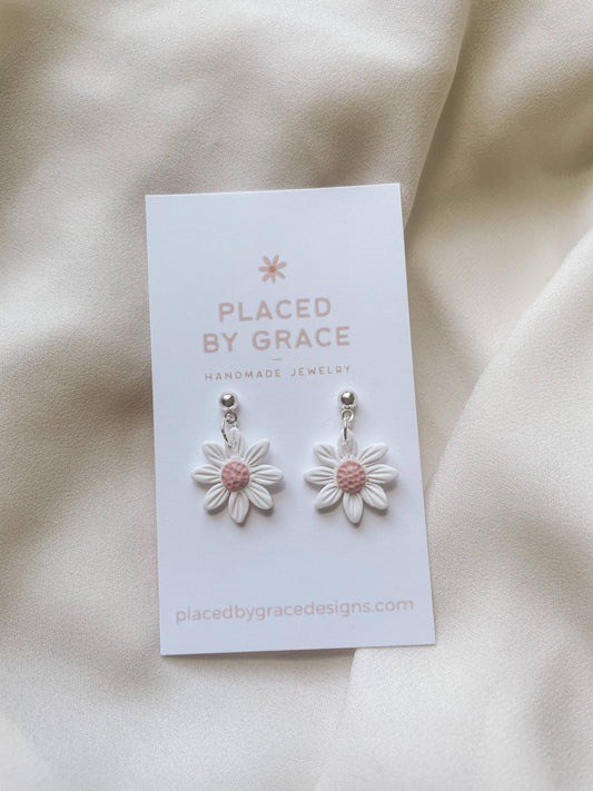 Placed by Grace - Mini Pink Daisy Dangle Earrings The Secret Garden Bookery