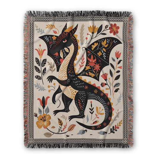 Folk Art Dragon Woven Blanket Offbeat Opulence