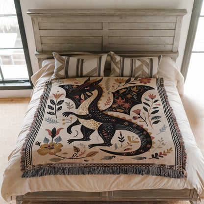 Folk Art Dragon Woven Blanket Offbeat Opulence