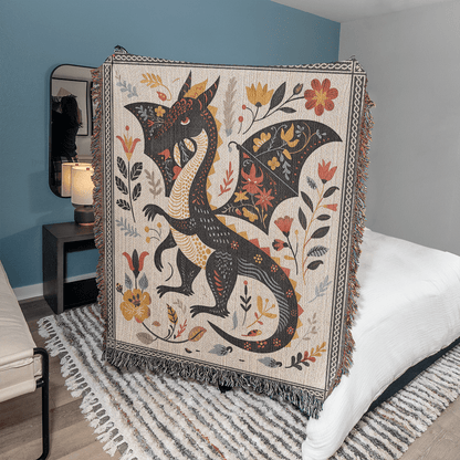Folk Art Dragon Woven Blanket Offbeat Opulence