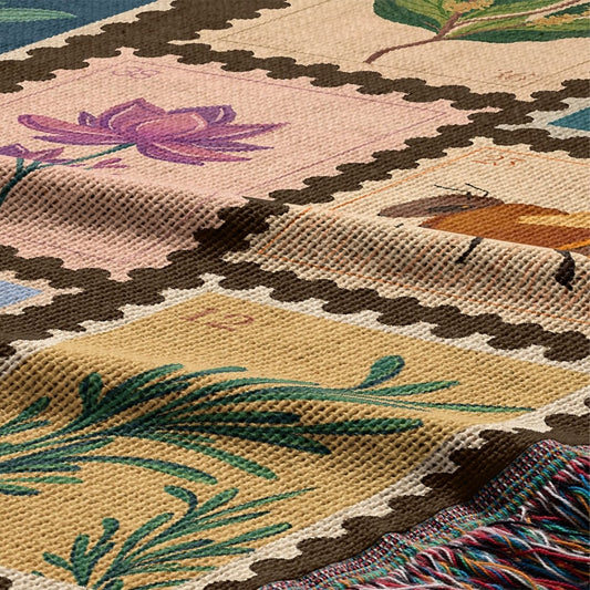 Garden Stamps Woven Blanket – A Botanical Tapestry of Nature's Wonders Offbeat Opulence