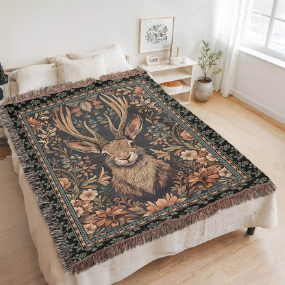 Jackalope Legend Woven Tapestry Blanket – A Mythical Masterpiece Offbeat Opulence