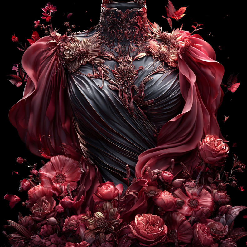 A gothic-style bodice garment with dark charcoal gray draped fabric, rich burgundy red flowing sleeves, and an ornate floral crown and surrounding roses, set against a solid black background with a decorative label at the bottom reading Cordarall.