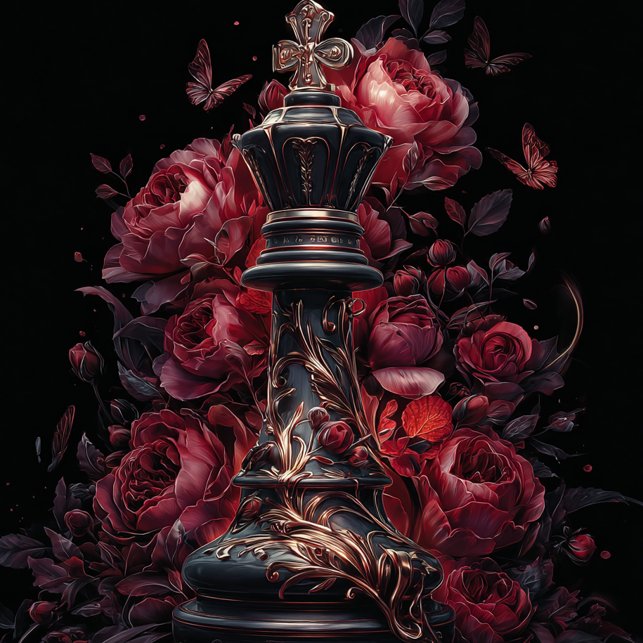 A dark ornate chess piece resembling a king or queen, surrounded by abundant red and burgundy roses with butterflies on a black background.