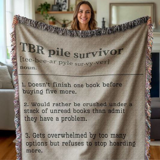 Personalized TBR Pile Survivor Woven Blanket – A Cozy Tribute to Book Hoarders Offbeat Opulence