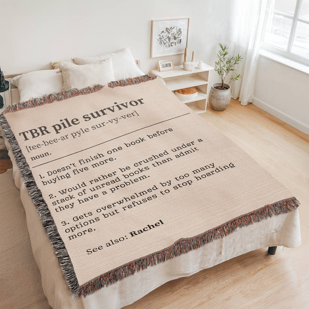 Personalized TBR Pile Survivor Woven Blanket – A Cozy Tribute to Book Hoarders Offbeat Opulence