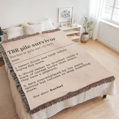 Personalized TBR Pile Survivor Woven Blanket – A Cozy Tribute to Book Hoarders Offbeat Opulence