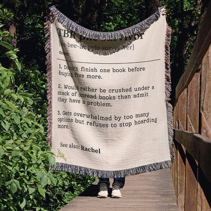 Personalized TBR Pile Survivor Woven Blanket – A Cozy Tribute to Book Hoarders Offbeat Opulence