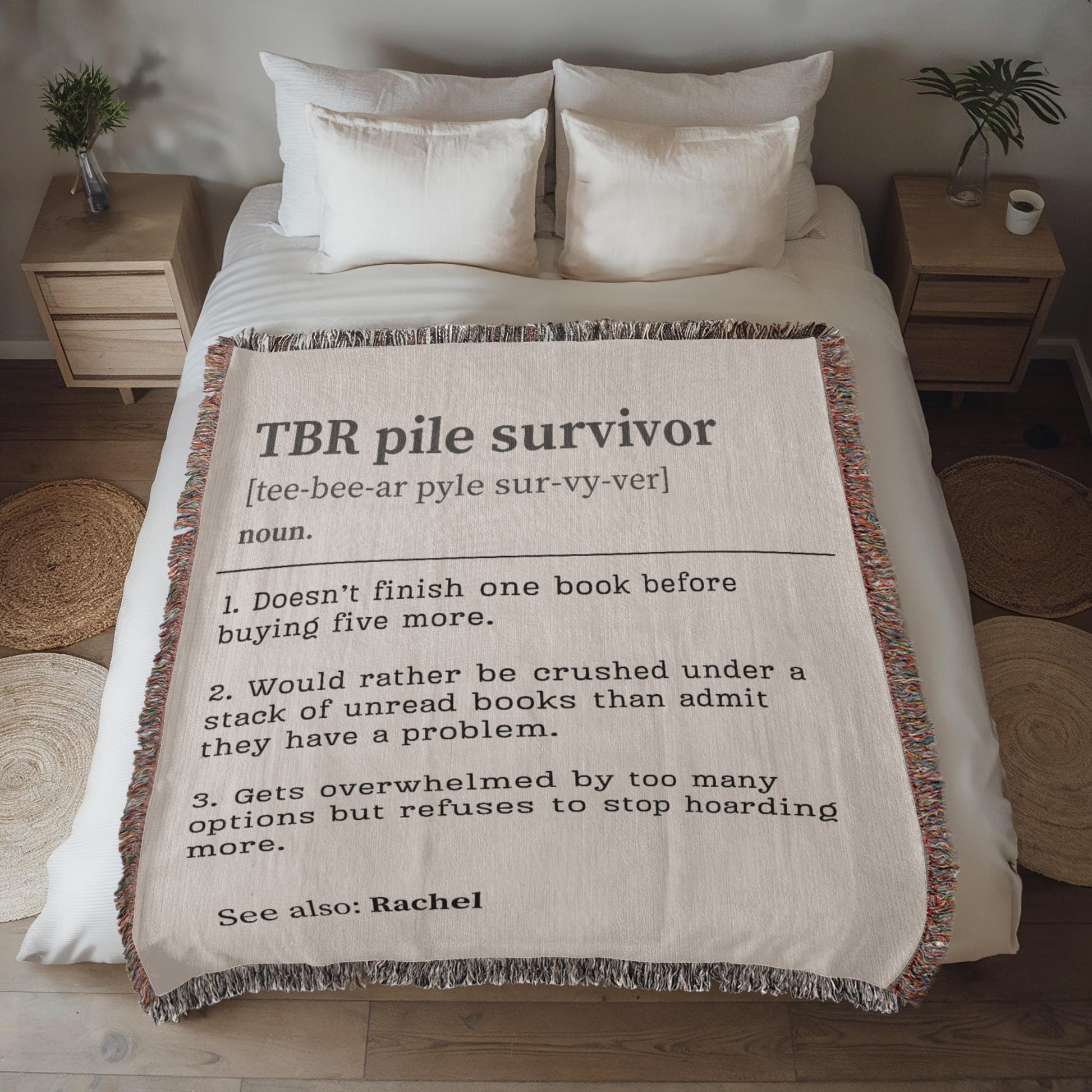 Personalized TBR Pile Survivor Woven Blanket – A Cozy Tribute to Book Hoarders Offbeat Opulence