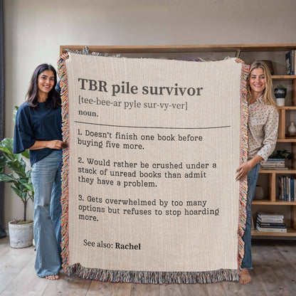 Personalized TBR Pile Survivor Woven Blanket – A Cozy Tribute to Book Hoarders Offbeat Opulence