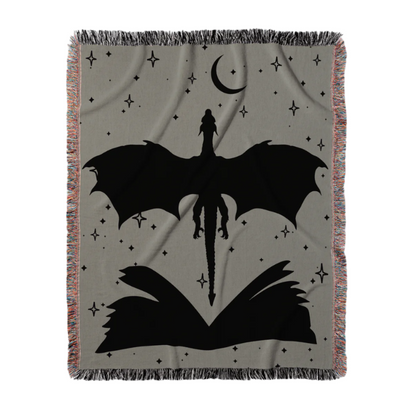 Sage Green Book & Dragon Woven Blanket – A Cozy Fantasy Escape Offbeat Opulence