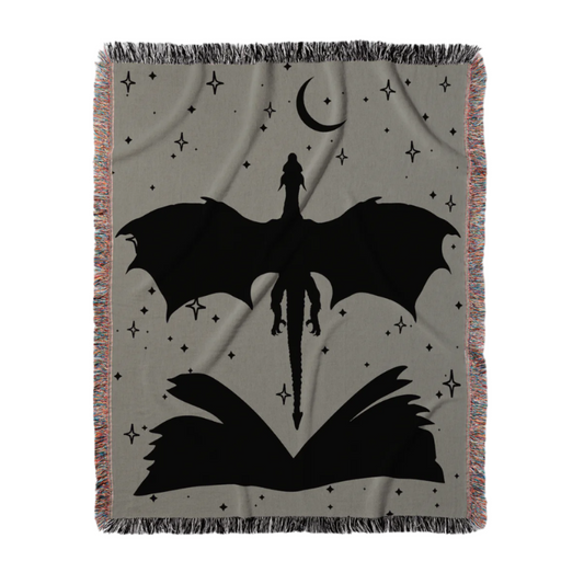 Sage Green Book & Dragon Woven Blanket – A Cozy Fantasy Escape Offbeat Opulence