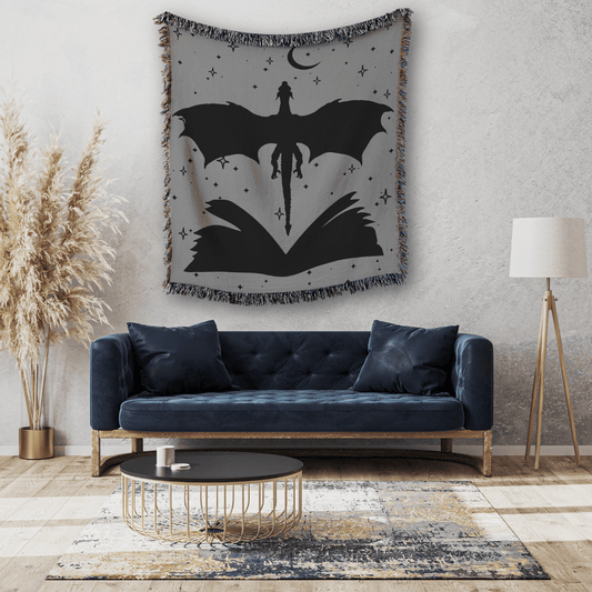 Sage Green Book & Dragon Woven Blanket – A Cozy Fantasy Escape Offbeat Opulence