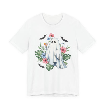 Summerween T-Shirt – Floral Ghost with Cocktail and Bats Graphic Tee Offbeat Opulence