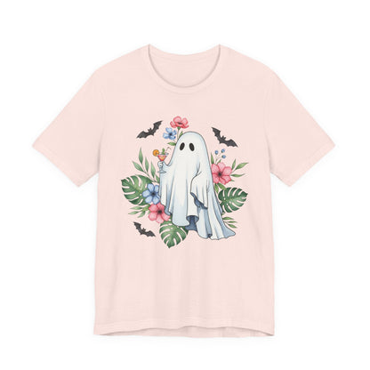 Summerween T-Shirt – Floral Ghost with Cocktail and Bats Graphic Tee Offbeat Opulence