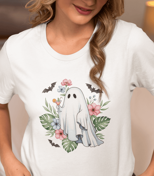 Summerween T-Shirt – Floral Ghost with Cocktail and Bats Graphic Tee Offbeat Opulence