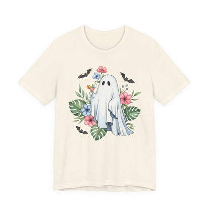 Summerween T-Shirt – Floral Ghost with Cocktail and Bats Graphic Tee Offbeat Opulence