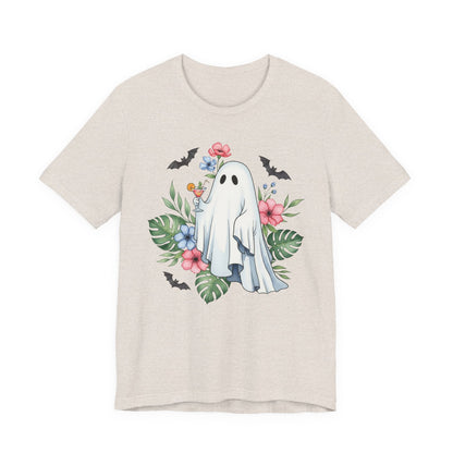 Summerween T-Shirt – Floral Ghost with Cocktail and Bats Graphic Tee Offbeat Opulence