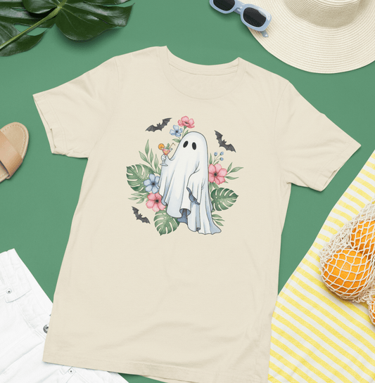 Summerween T-Shirt – Floral Ghost with Cocktail and Bats Graphic Tee Offbeat Opulence