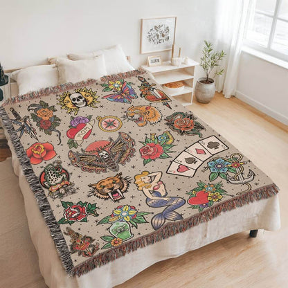 Vintage Tattoo Flash Woven Blanket Offbeat Opulence